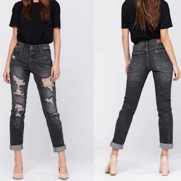 Judy Blue Denim - Judy Blue Boyfriend Fit Black Gray Distressed Jeans Stretch Mid Rise Denim 7/28